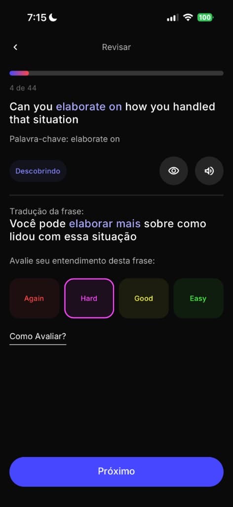 Tela de revisão do BitWord mostrando uma frase em inglês com tradução e avaliação de entendimento